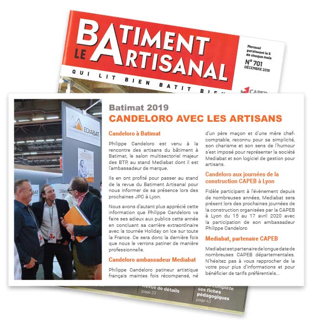 On parle de Mediabat, de son ambassadeur Philippe Candeloro et de leur présence au salon Batimat dans le dernier numéro du Bâtiment Artisanal