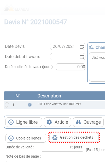 Bouton gestion déchets sur devis