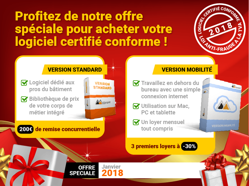 Offre spéciale logiciel certifié : Choississez Mediabat Mobilité, logiciel de devis facture pour les pros du bâtiment conforme à la nouvelle loi fiscale avec une réduction de 30% sur les loyers pendant les 3 premiers mois ou profitez de notre offre concurrentielle et soyez prêt pour le 1er janvier 2018